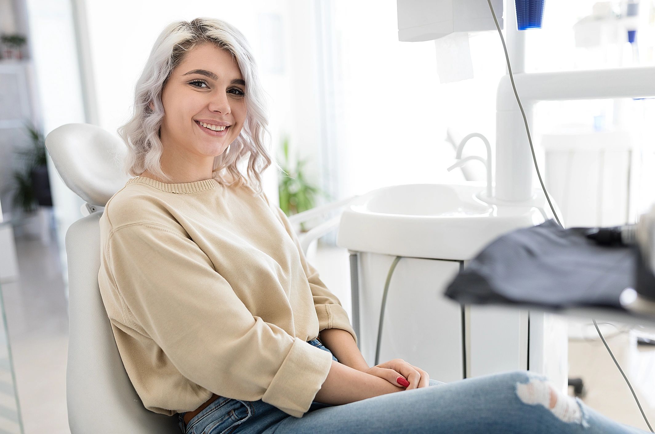 Smiling client in a bright studio setting