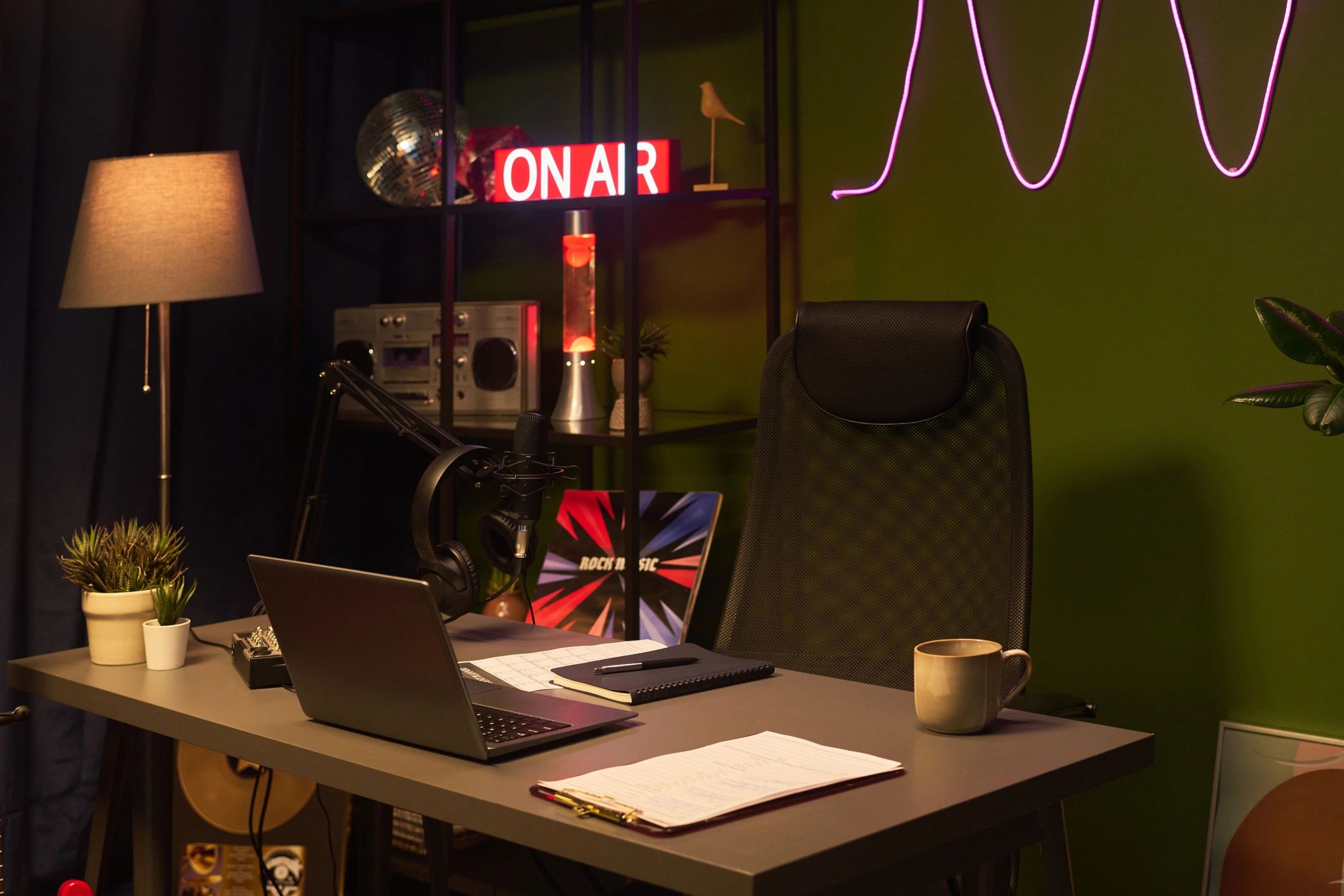 Podcast studio setup with microphone and recording equipment